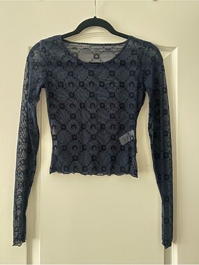 Marine Serre Navy Sheer Long-Sleeve Mesh Top with Velvet Motif